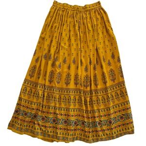 Mustard Bohemian Festival Folk Hippie Floral Indian Block Print Maxi Skirt XL